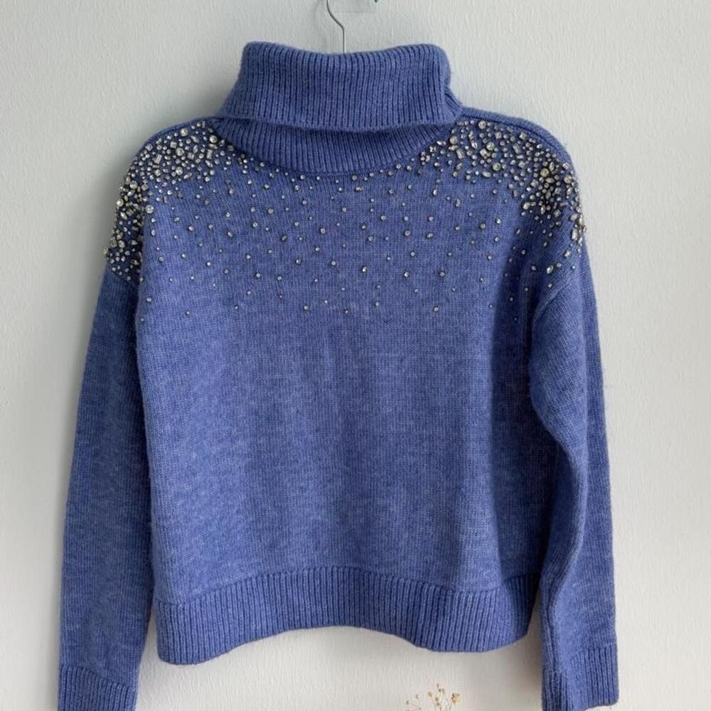 White House Black Market Blue Rhinestone Turtleneck Sweater S